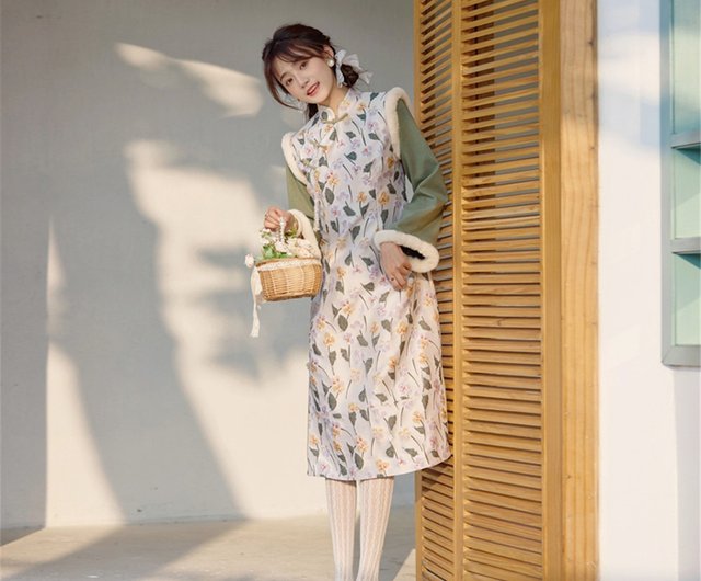 高品質サテン織ジャガード チャイナドレス風ワンピース 花柄 グリーン ドッキング ふわふわファー 職人ハンドメイド ショップ Eden Cheongsam チャイナドレス Pinkoi