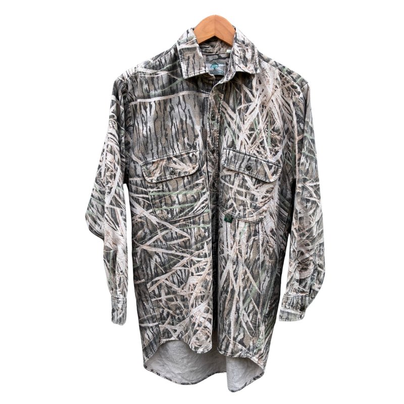 Vintage Mossy Oak  Shadow Grass Camo Chamois Button Up Shirt - 男襯衫/休閒襯衫 - 棉．麻 卡其色
