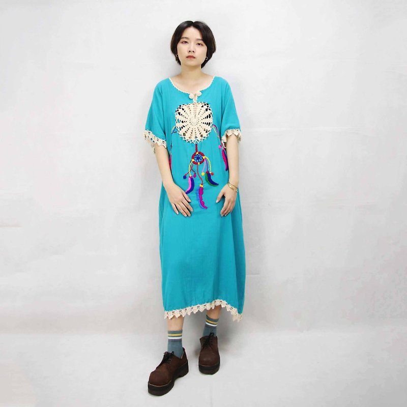 Tsubasa.Y Ancient House 003 Blue Green Dreamcatcher Embroidered Dress, Embroidered Dress Cotton - ชุดเดรส - ผ้าฝ้าย/ผ้าลินิน 