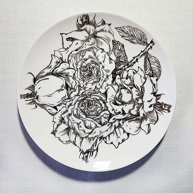 療癒陶瓷手繪盤 - 純粹玫瑰情(18cm) - 小碟/醬油碟 - 瓷 白色