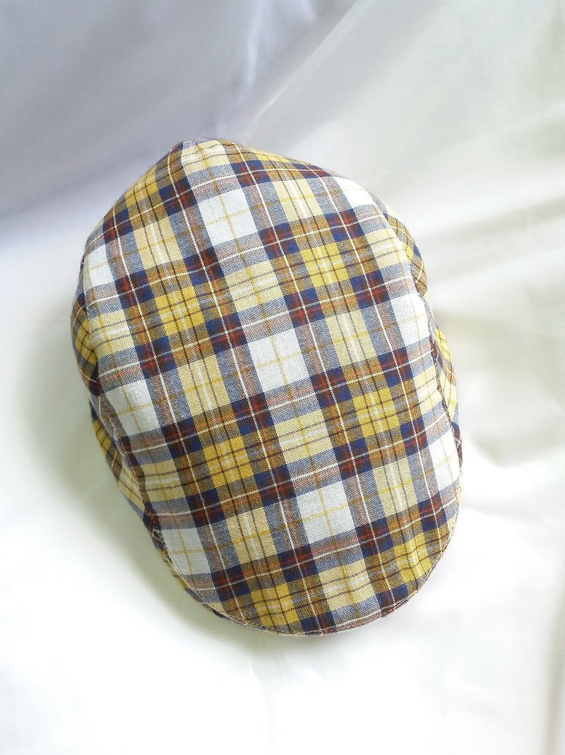 黃藍色織格紋先染狩獵帽(Flat Cap) - 帽子 - 棉．麻 黃色