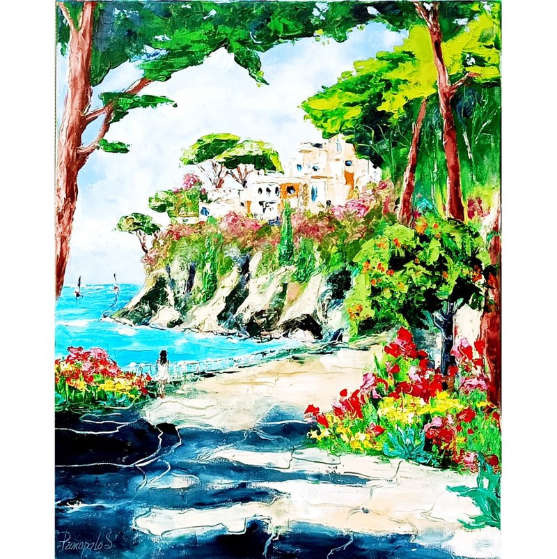 Italy Painting Amalfi Coast Oil Painting: Italian Seascape Art 16x20 Italy - 壁貼/牆壁裝飾 - 其他材質 黃色