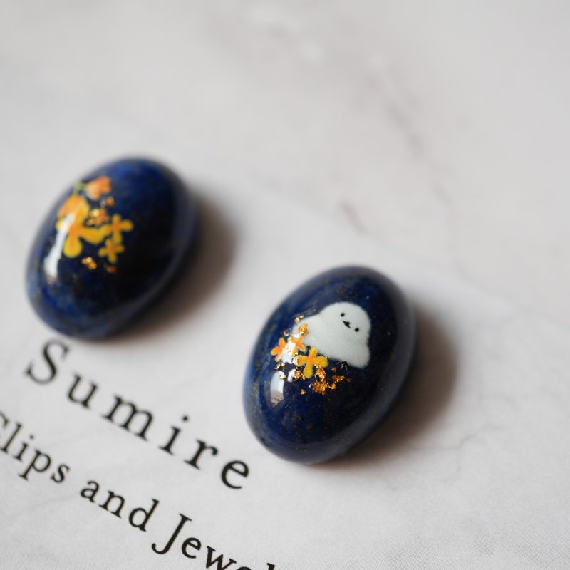 Lapis Lazuli and Shima Enaga Osmanthus Single Stone Earrings (Clip-on Convertible) - Earrings & Clip-ons - Gemstone Blue