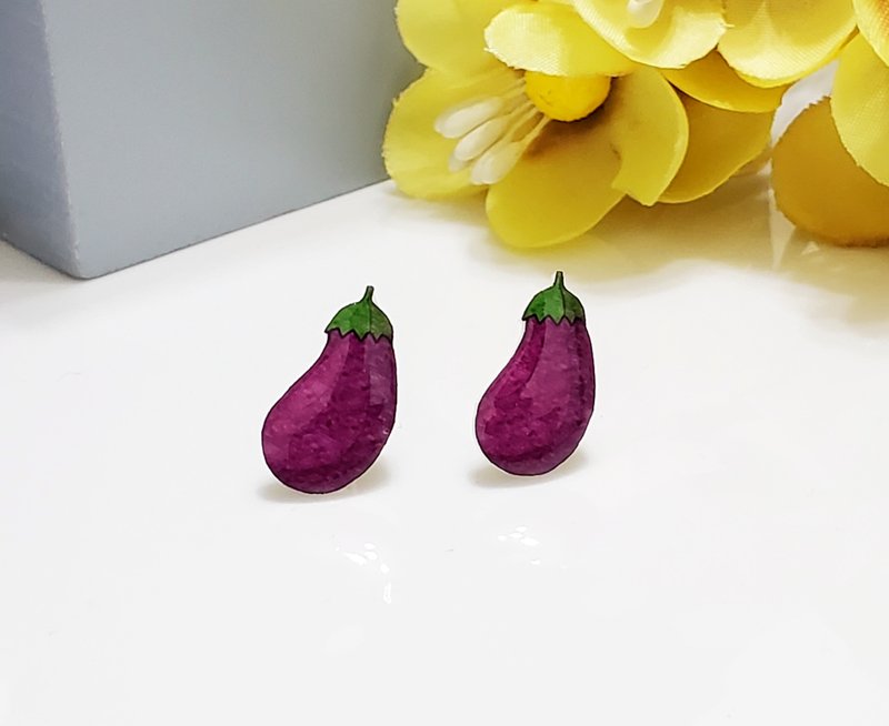 Eggplants 紫的發亮的圓茄子 耳環 耳夾 - 食物系列 - 耳環/耳夾/耳骨夾 - 塑膠 紫色