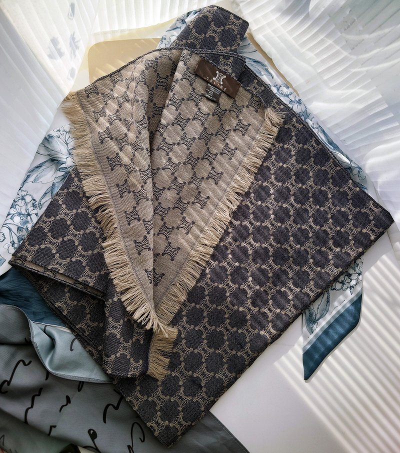 中古孤品 CELINE 老花凱旋門 羊毛 毛毯蓋毯頸巾圍巾領巾圍脖披肩 - 圍巾/披肩 - 羊毛 藍色