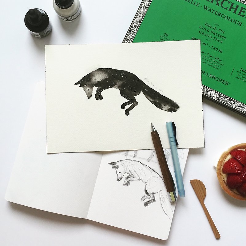 Fox in Ink 10x7 Watercolour Art Print - โปสเตอร์ - กระดาษ 
