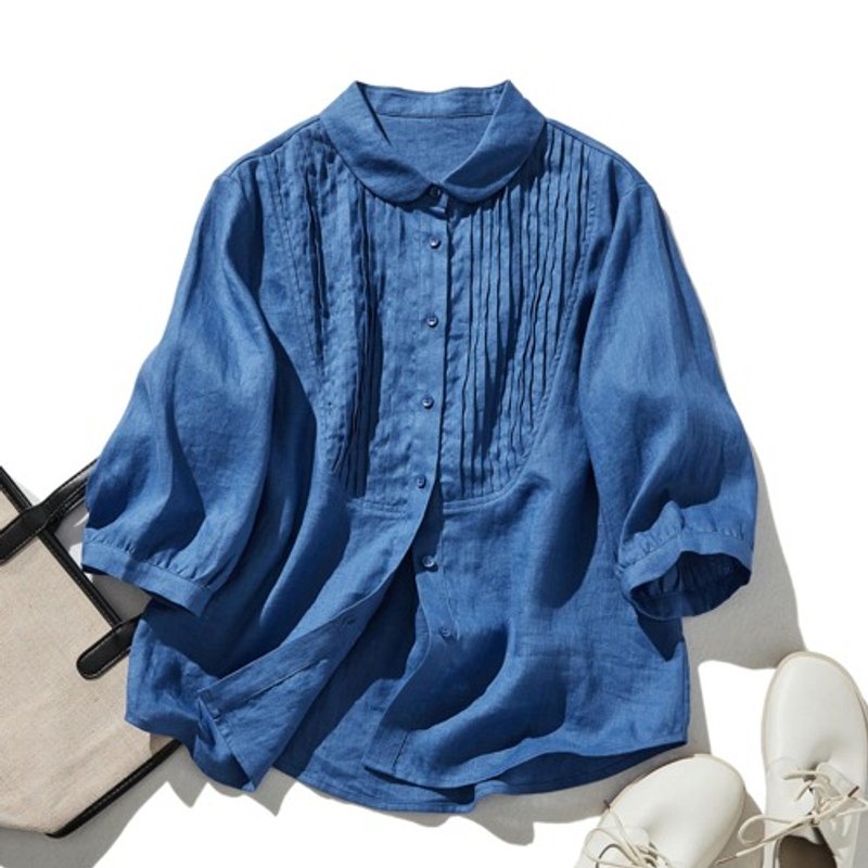 Cute and grown-up round-collar shirt blouse made from 100% Linen with pin tucks in a refreshing blue color 240512-3 - เสื้อผู้หญิง - ผ้าฝ้าย/ผ้าลินิน 