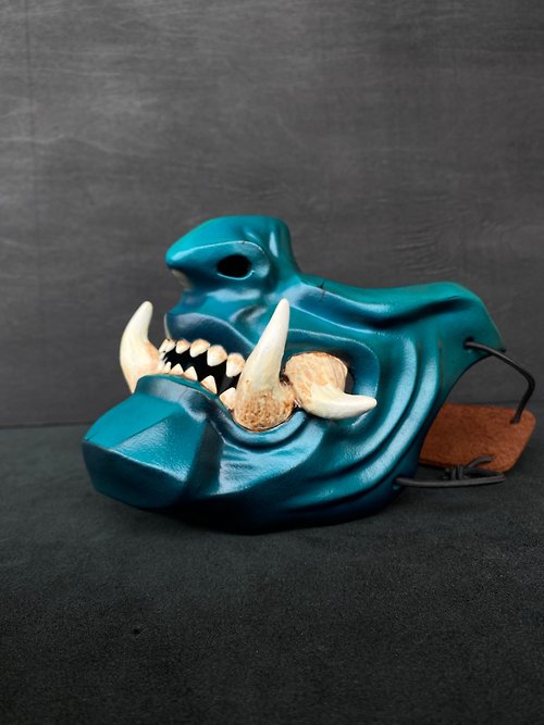 WorkshopRS Japanese Blue Half Mask wearable, Samurai Mempo mask, Oni half mask, demon mask