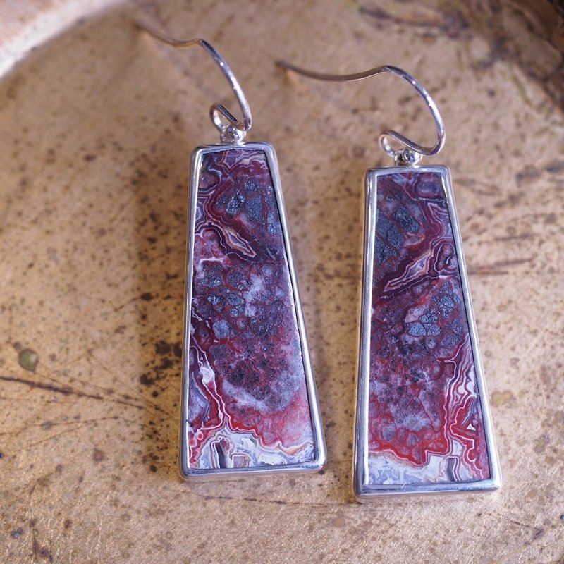 天然瘋狂蕾絲瑪瑙 手工純銀耳環 Crazy Lace Agate handmade - 耳環/耳夾/耳骨夾 - 半寶石 紅色