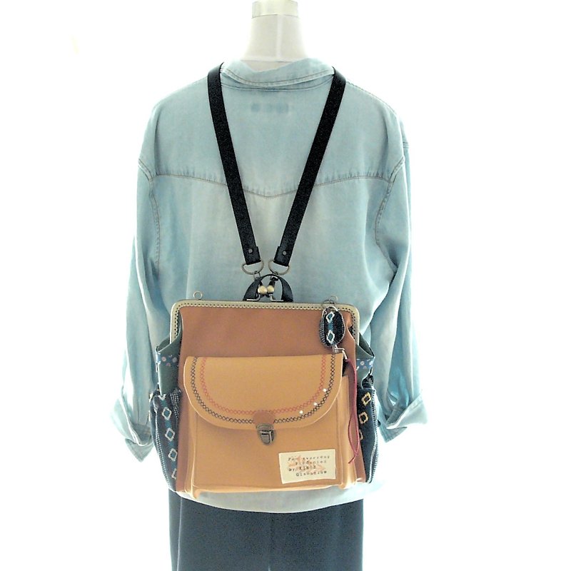 Back pocket & left zipper with Cross embroider  3 WAY backpack set Alternative c - กระเป๋าเป้สะพายหลัง - หนังแท้ สีส้ม