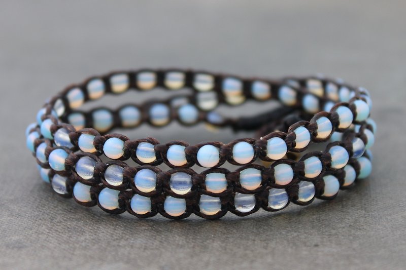 Opal Hemp Woven Wrap Beaded Bracelets Men Unisex Stone Bracelets - สร้อยข้อมือ - ผ้าฝ้าย/ผ้าลินิน สีใส