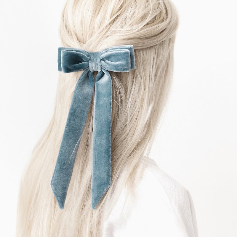 Blue Bow for Adult, Velvet Hair Ribbon Clip Barrette for Women - 髮飾 - 其他材質 藍色