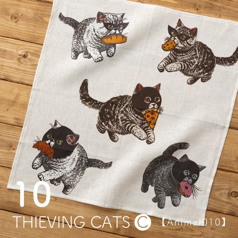 大きめリネンハンカチ キャット ドッグ 43×43cm 10.Thieving Cats-C - 其他 - 其他材質 白色