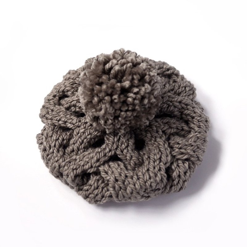 粗針麻花可拆毛球針織毛線貝蕾帽-霧棕 - 帽子 - 羊毛 咖啡色