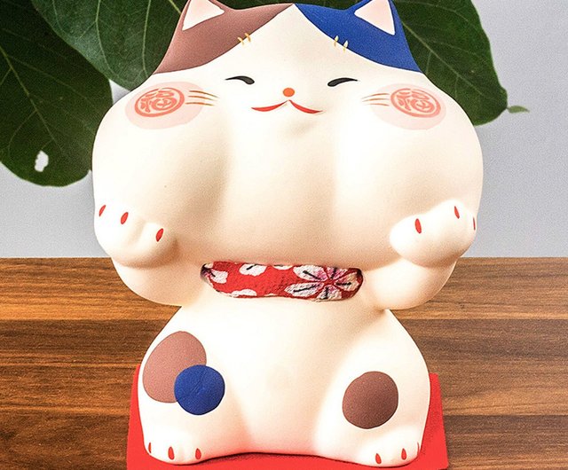 日本の京都の龍と虎陶器粘土製手描きのかわいい大きな顔祝福猫貯金箱