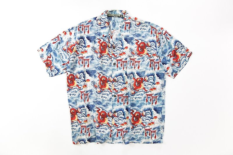 [3thclub Ming Hui Tong] Dragon sky Torii Japanese-style short-sleeved shirt OVERSIZE HWS-005 vintage - Men's Shirts - Cotton & Hemp Blue