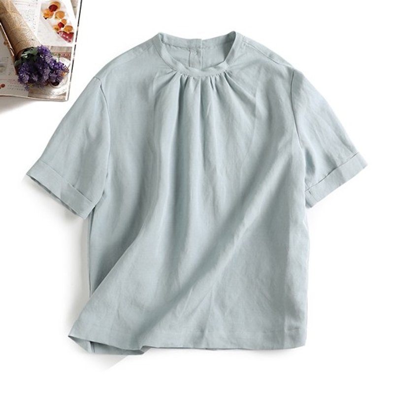 f8080901 Beautiful color Silk and linen fabric Great comfort Short sleeve Back button blouse - เสื้อผู้หญิง - วัสดุอื่นๆ 