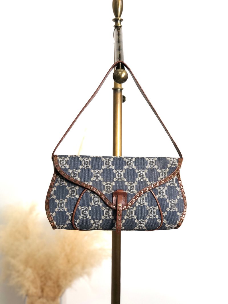 【 日本直送　名牌中古包 】CELINE セリーヌ パリマカダム ハンドバッグ インディゴ スタッズ キャンバス vintage ヴィンテージ  82t5cv - 手提包/手提袋 - 棉．麻 藍色