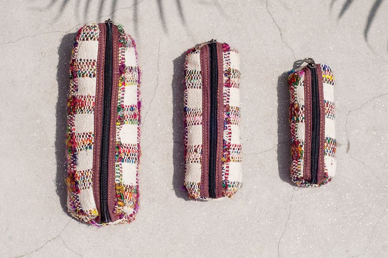 Hand-woven pencil case/storage bag/pen case/cosmetic bag/tableware bag/tableware bag-check pattern hand twisted saree thread - Pencil Cases - Cotton & Hemp Multicolor