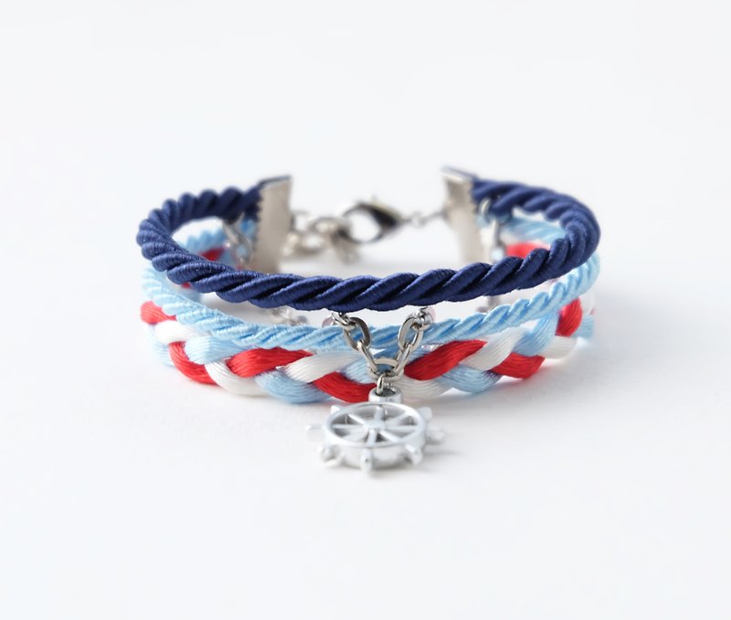 Ship wheel layered rope bracelet in navy blue / sky blue / red / white - 手鍊/手環 - 其他材質 藍色
