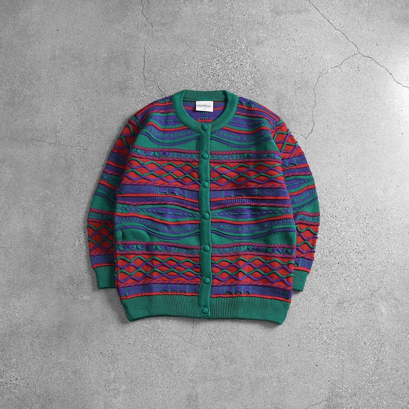 Vintage 立體織紋開襟毛衣 / 復古毛衣、苦瓜紋毛衣、毛衣外套 - 男毛衣/針織衫 - 羊毛 多色