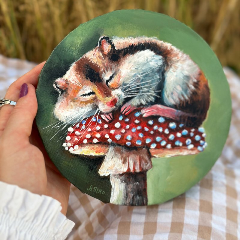 Hamster original painting, Round canvas painting, Woodland animals, Forest art - 壁貼/牆壁裝飾 - 棉．麻 多色