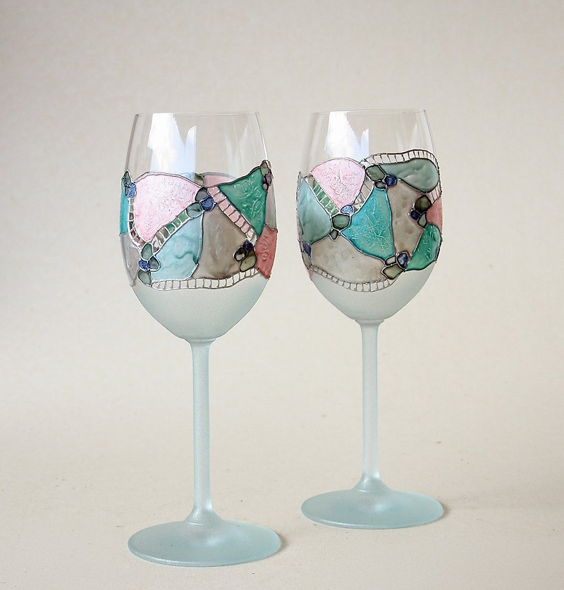 Wine Glasses Pink Mint Blue Green Gemstone Effect, Hand Painted, Set of 2 - 酒杯/酒器 - 玻璃 粉紅色