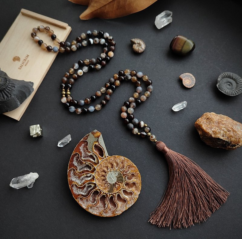 MALA THE EYE OF THE CREATOR Brown Earthy Japa mala 108 Meditation beads - สร้อยคอยาว - เครื่องประดับพลอย สีนำ้ตาล