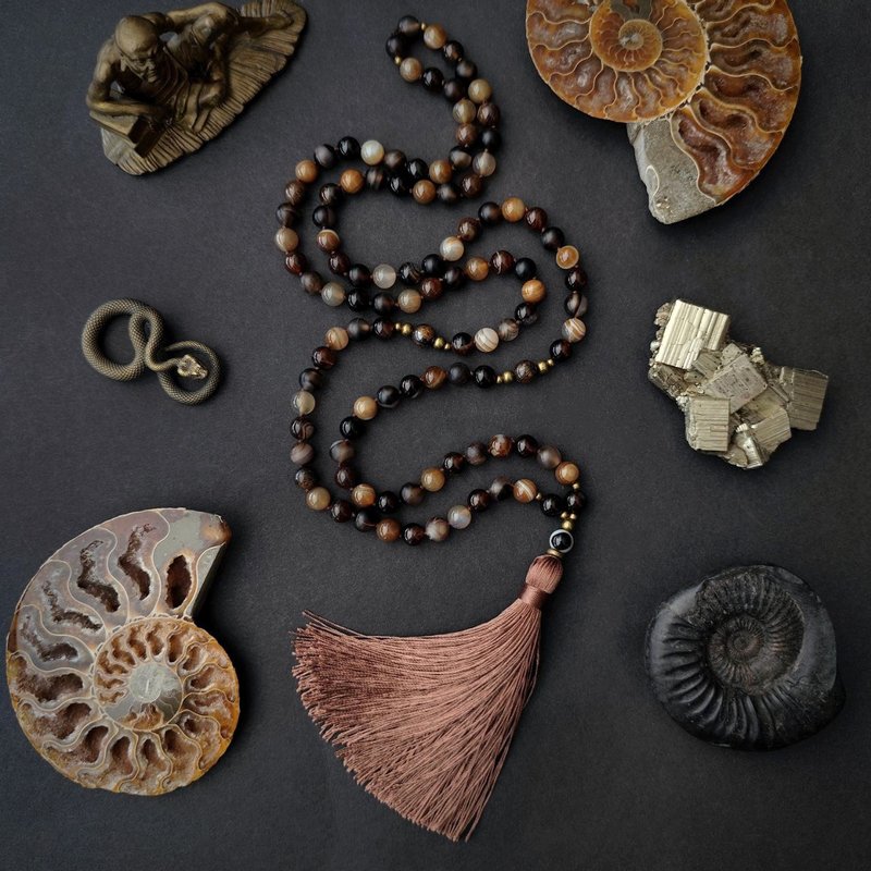 MALA INCA Brown Agate Japa mala 108 Meditation beads Rosary - 長項鍊 - 半寶石 咖啡色