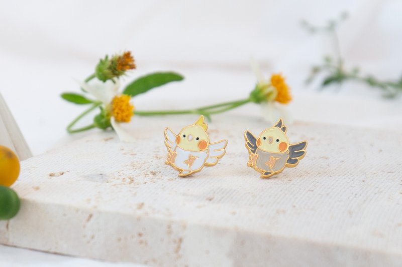 Xuanfeng Cockatiel bird parrot clip-on earrings medical steel needle birthday gift carton packaging - ต่างหู - วัตถุเคลือบ หลากหลายสี