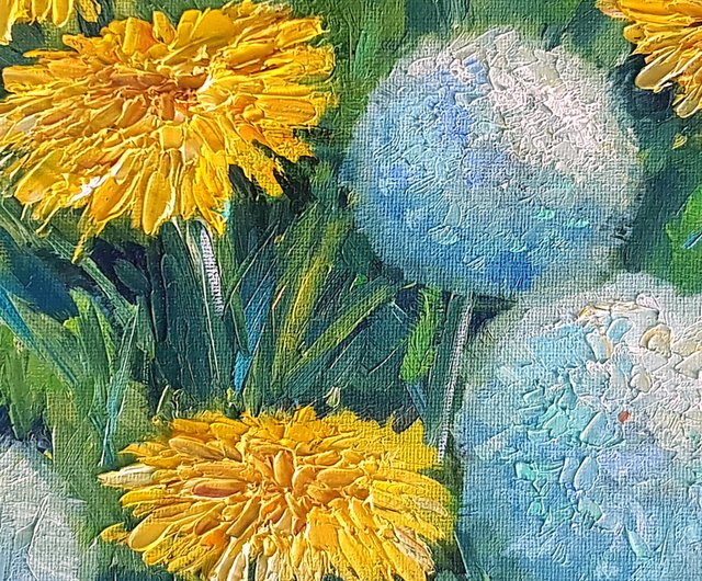 花の油絵、 タンポポの花の壁画、 インパストキャンバス絵画