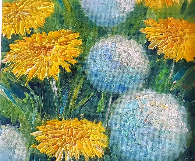 花の油絵、 タンポポの花の壁画、 インパストキャンバス絵画、 手描き