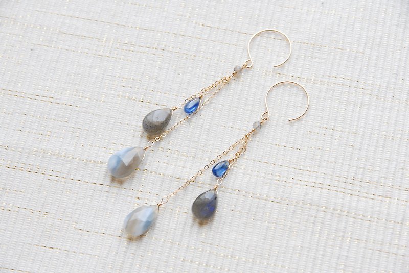 3 types of blue Stone chain earrings 14kgf - Earrings & Clip-ons - Semi-Precious Stones Blue