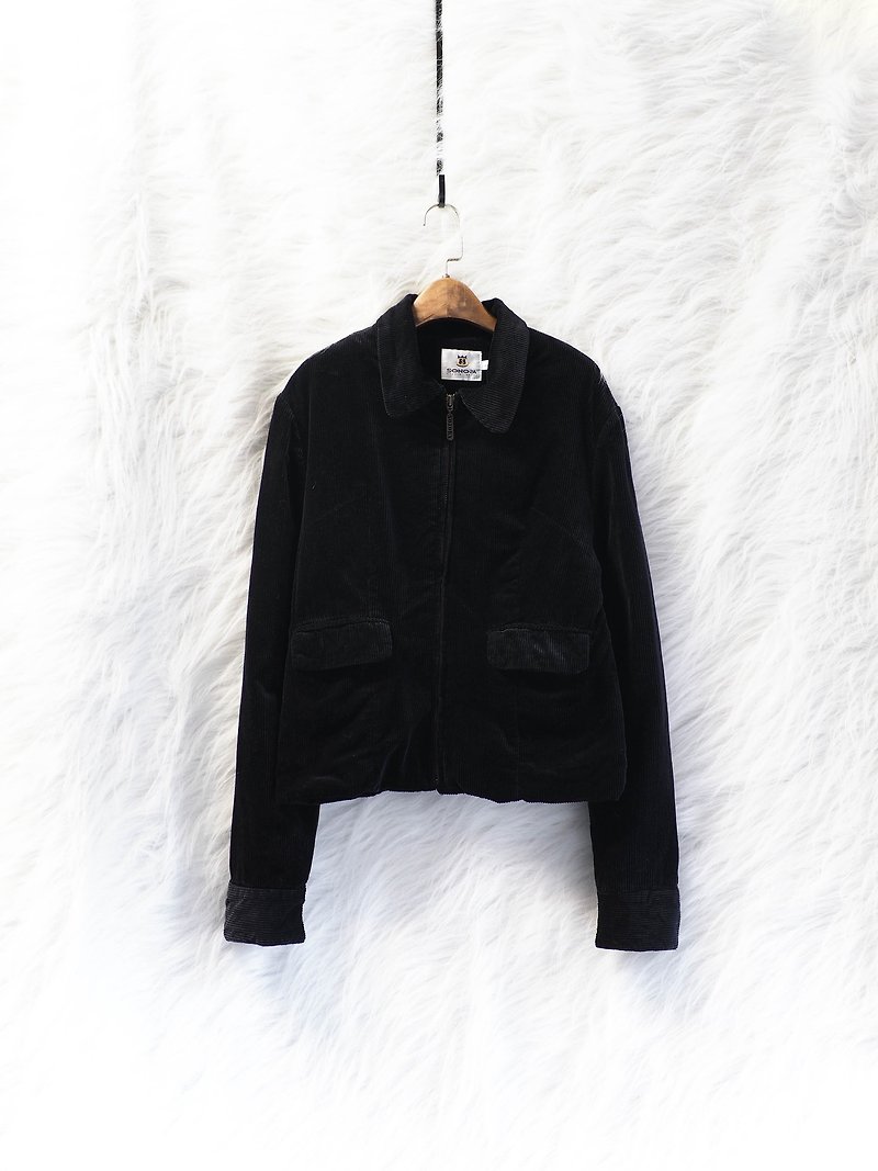 Toyama black classic corduroy fallen girl antique paved cotton cotton zipper jacket - เสื้อแจ็คเก็ต - ผ้าฝ้าย/ผ้าลินิน สีดำ