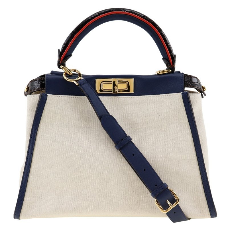 【日本直送】フェンディ FENDI ピーカブー ハンドバッグ 2WAYショルダー 8BN290 キャンバス × カーフ 白/紺 レディース【中古】 - 手提包/手提袋 - 棉．麻 白色