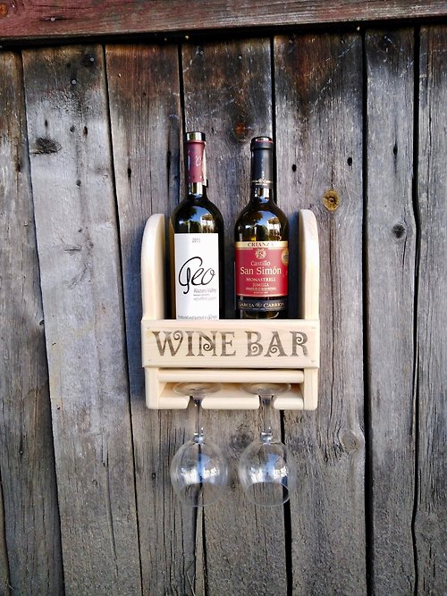 BEAVER's Craft Natural wood hanging bottle shelf with glass holder. Wine rack mini bar.