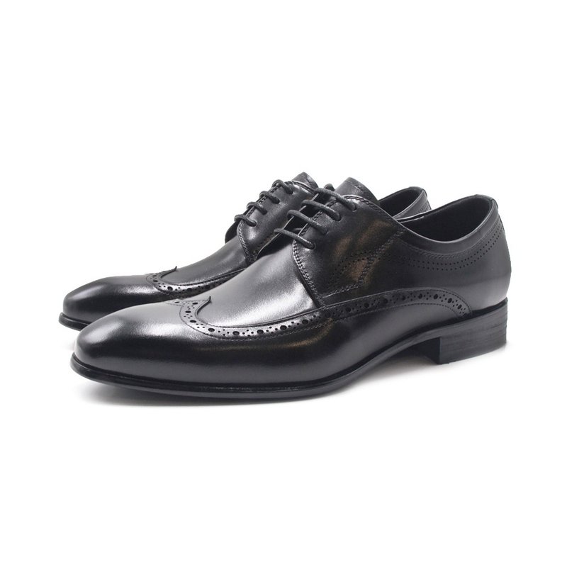 PQ round pointed toe strap W wing pattern leather shoes for men - black - รองเท้าหนังผู้ชาย - หนังแท้ 