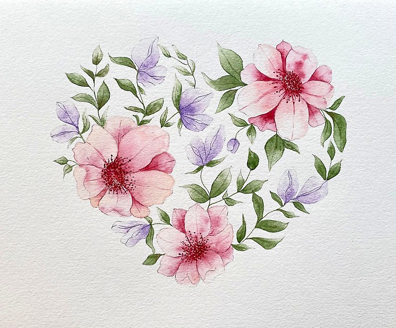 Watercolor Flower Illustration Original Painting- Flower Heart - ตกแต่งผนัง - กระดาษ 