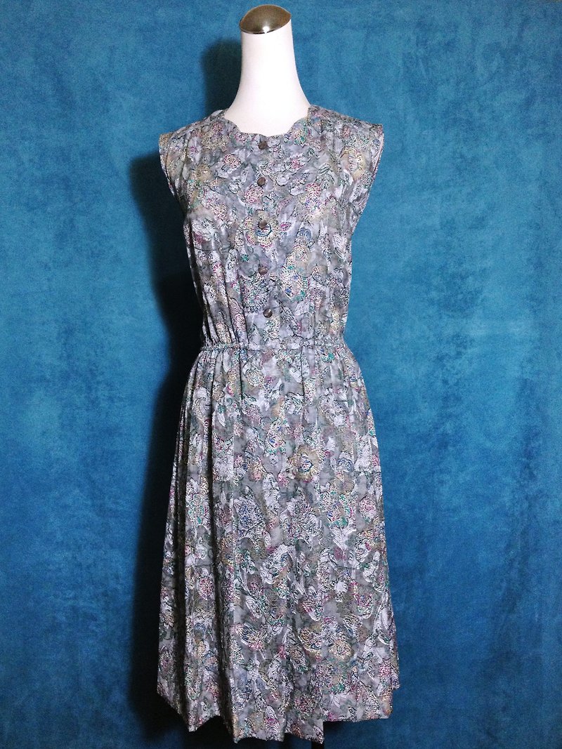 When vintage [antique dress / gloss gray textured flowers antique dress] abroad back sleeveless dress VINTAGE - ชุดเดรส - เส้นใยสังเคราะห์ สีเงิน