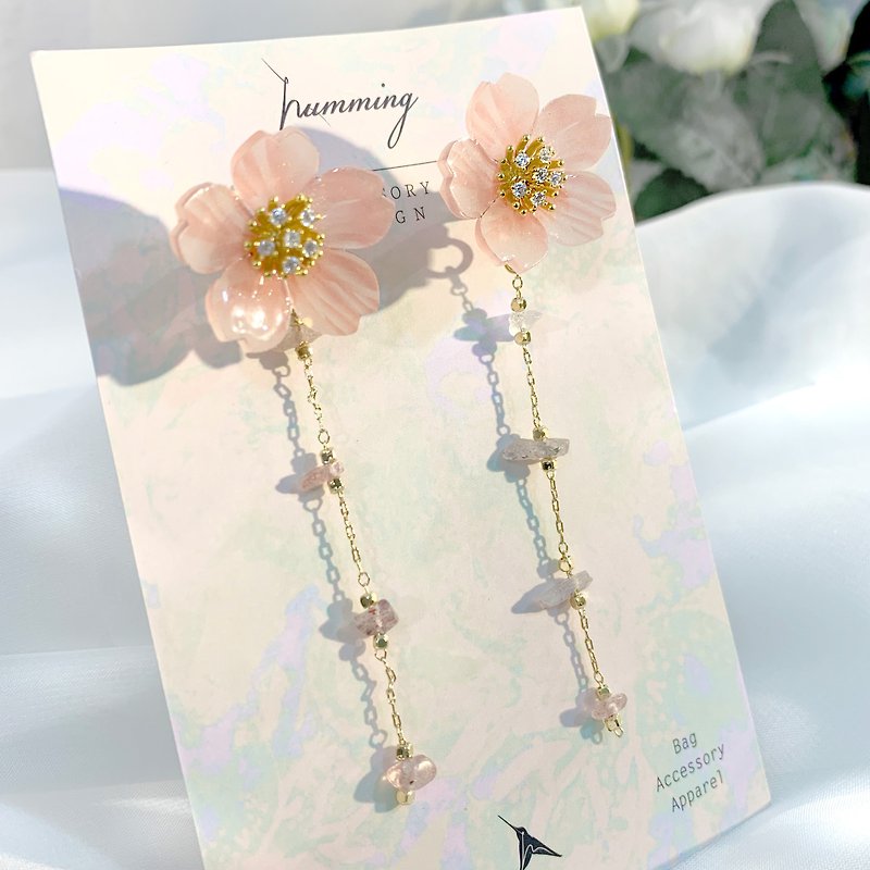 耳環 櫻花 樹脂 草莓晶 銀飾 耳夾 水鑽 禮物 禮盒 手工 情人節 - 耳環/耳夾 - 繡線 多色