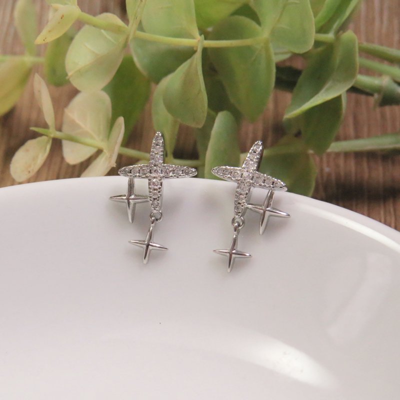 Stone Series/ Cross Star Pendant Stone Stud Earrings/ 925 Silver - ต่างหู - วัสดุอื่นๆ สีเงิน