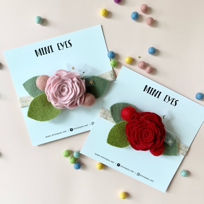 羊毛氈玫瑰花 嬰兒髮帶 女孩 彌月禮盒  滿月禮物 寶寶頭帶 毛氈 - 嬰兒帽子/髮帶 - 羊毛 紅色