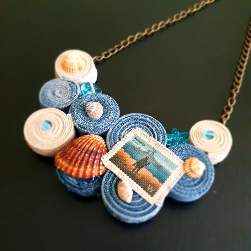Recycled denim sea necklace Jeans necklace OOAK jewelry - 項鍊 - 其他金屬 藍色