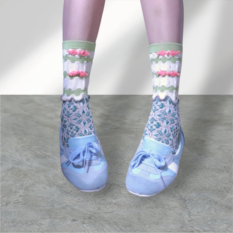 【予約】新作　グリーン×ピンク　チャイナボタンカラフルメロウソックス 派手靴下 個性的 22.5〜28 女性靴下 socks - 襪子 - 其他材質 綠色