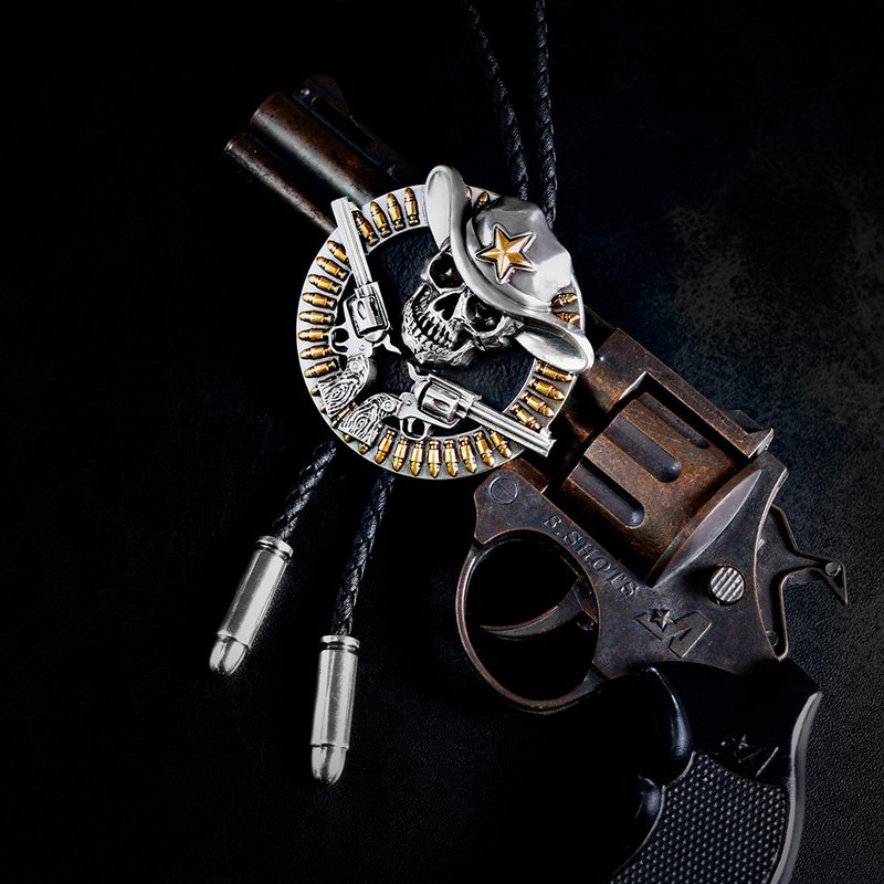 德州神槍手 保羅領帶 Bolo Tie 皮革項鍊 皮繩領帶 領繩領帶 骷髏 - 領帶/領帶夾 - 人造皮革 銀色
