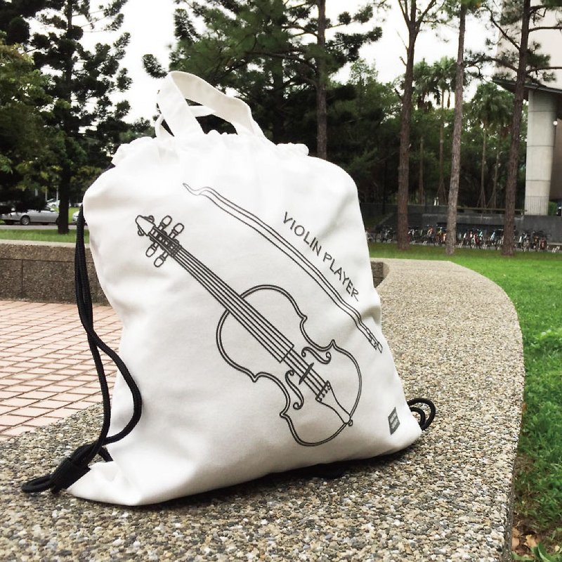 WD Musical Instrument Cotton Backpack-Violin Spot + Pre-Order - กระเป๋าหูรูด - ผ้าฝ้าย/ผ้าลินิน ขาว