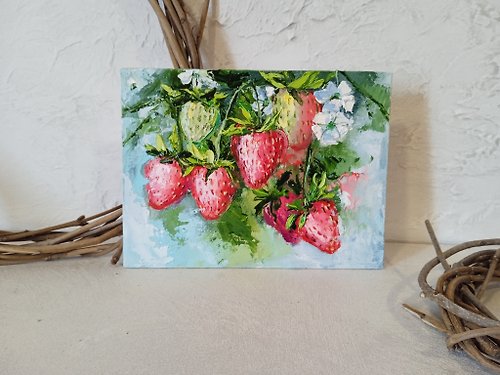 AboutART Strawberry Painting Original Painting Strawberry Artwork Oil Painting 15*20cm.