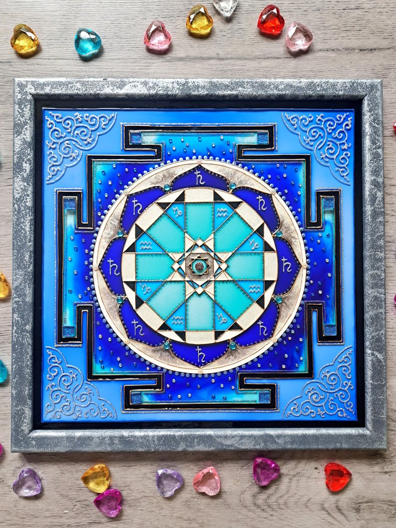 Sri Shani Saturn Yantra手绘彩色玻璃冥想瑜伽治疗装饰 - 壁貼/牆壁裝飾 - 玻璃 藍色