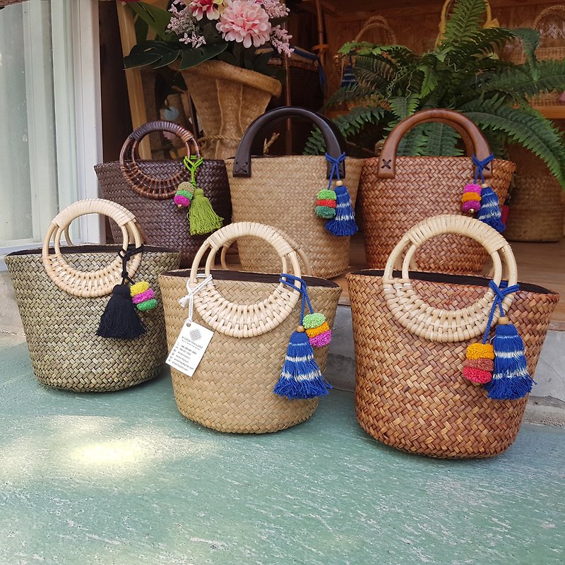 Straw Bag, Top Handles Bag, Thai Weaving Seagrass - Handbags & Totes - Plants & Flowers 