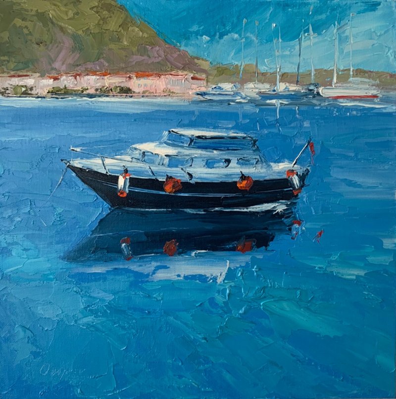 Original Seascape Oil Painting On Canvas Boat Landscape Textured Impasto Artwork - 壁貼/牆壁裝飾 - 棉．麻 多色